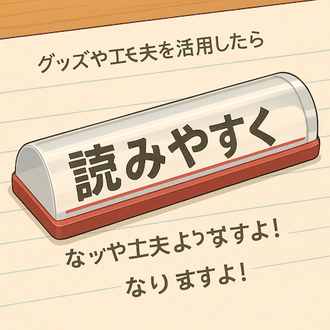 アニメ風の絵で、紙の上に載せ「読みやすく」の部分が大きくなったバールーペ。赤線入り。前後に「グッズや工夫を活用したら」「なりますよ」の文字が生成AIのミスにより変になっている。