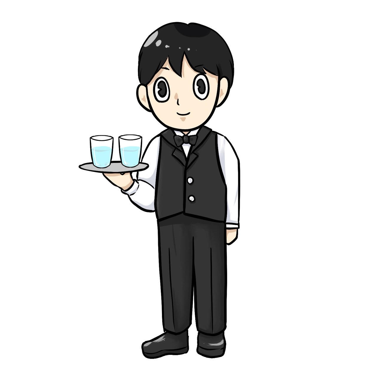 水をお盆に乗せて持っているウェイターのイラスト