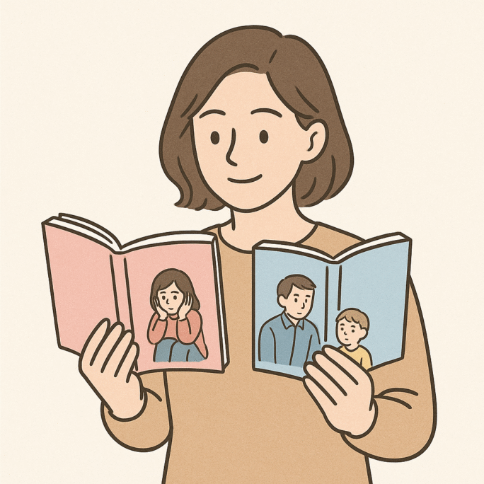 ２冊の本を持つ女性のイラスト