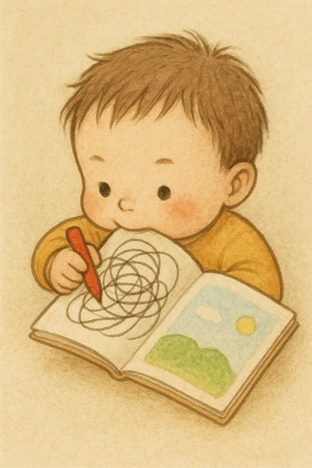 子どもが本を齧りながらぐるぐるがきをしているイラスト