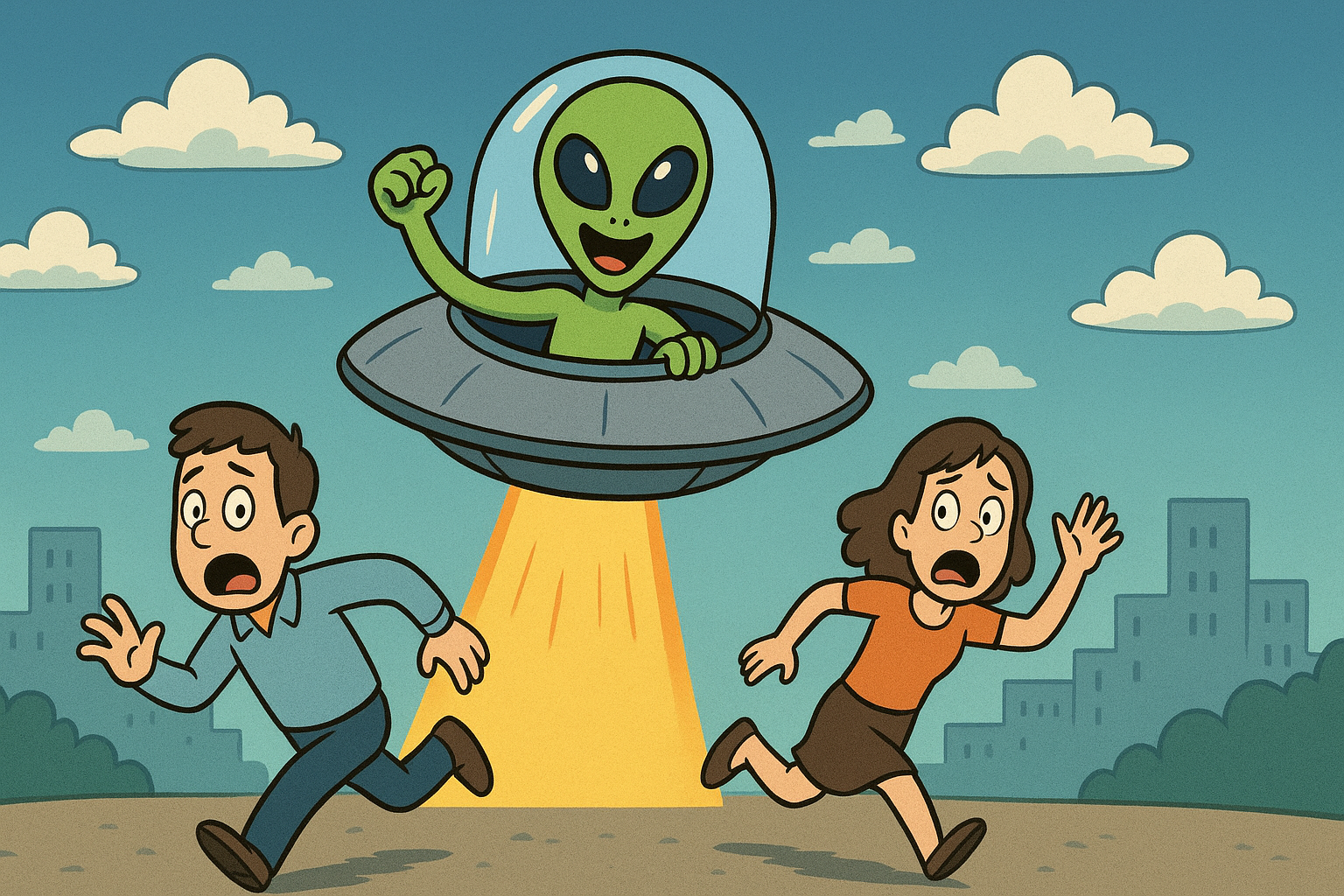 侵略してきた宇宙人から逃げ惑う、UFOに乗った宇宙人。コミカルなイラスト風。