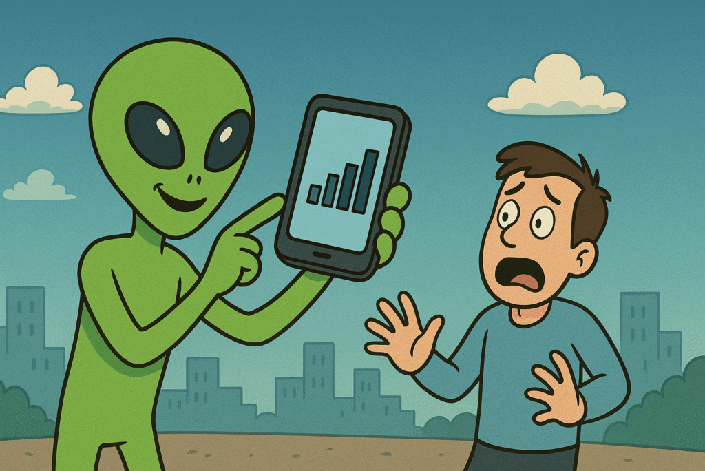 スマホにある電波の強さ表示を見てバカにする宇宙人。困惑する地球人の男性。