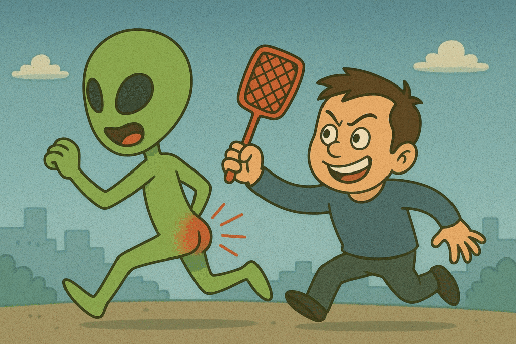 ハエ叩きを持った地球人に追いかけ回される宇宙人。お尻は真っ赤。