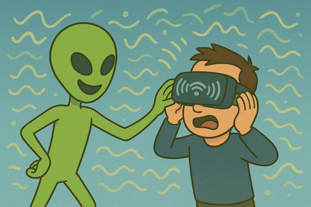 ゴーグルを着けさせられた地球人。それを満足そうに見る宇宙人。周りには怪しげな電波がたくさん。