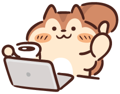 パソコンの前に座ってコーヒーを飲むリスのイラスト