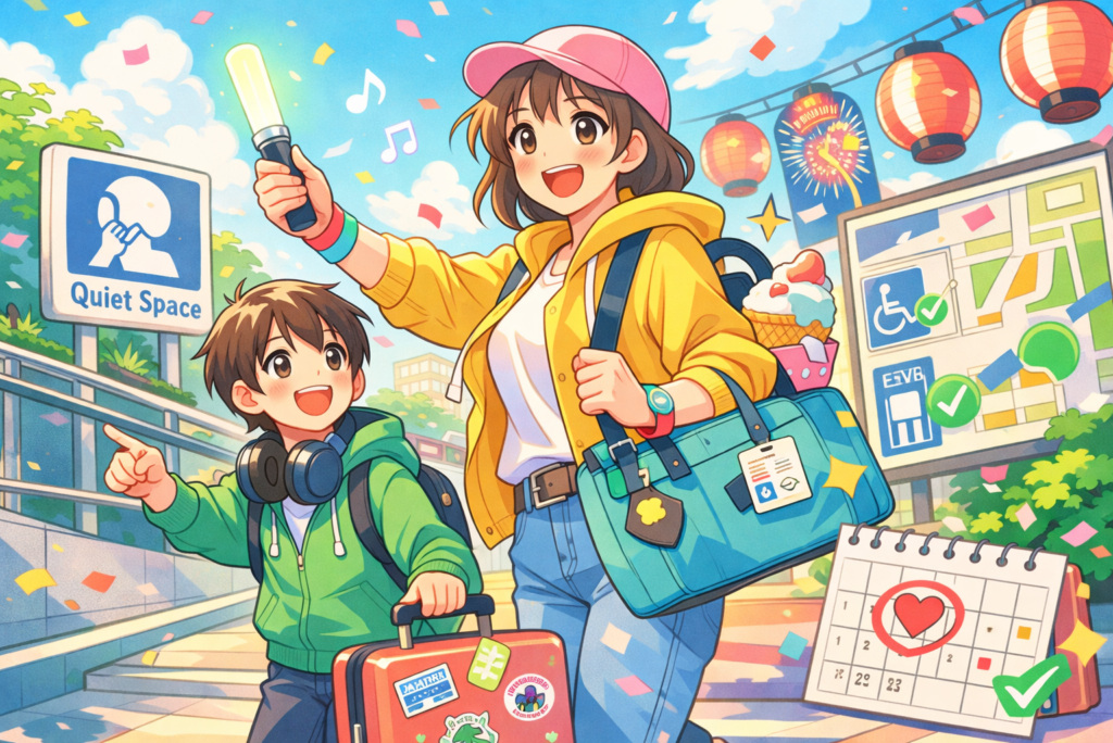 お祭り風の雰囲気の中、各種バリアフリー表示がある会場の入り口で、旅行カバンとサイリウムを持ち楽しそうに会場に向かう男女。