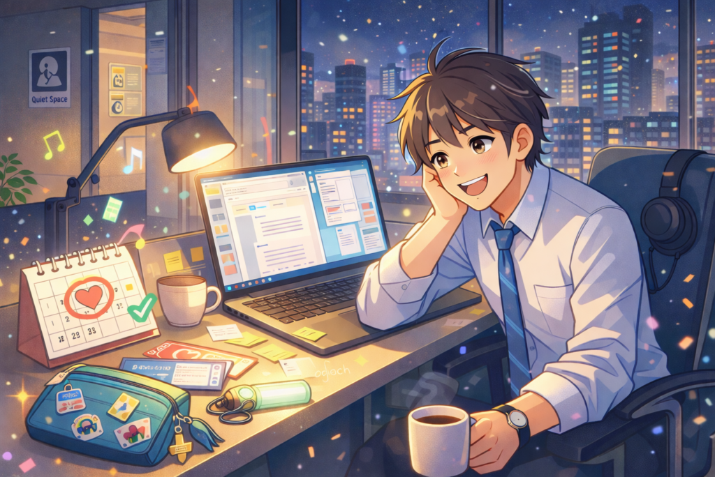 パソコンを前にし、コーヒーを片手に持つ残業中の男性。その横にある、日曜日に印がついたカレンダーを眺めて笑顔に。