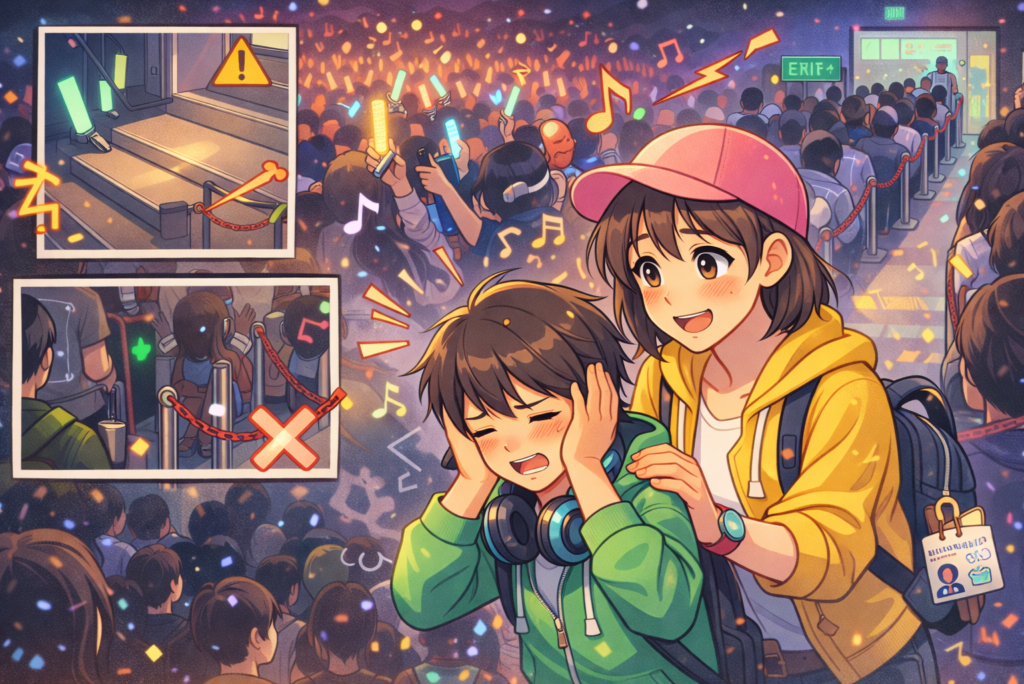 大人数が行列し、多くの観客で混み合い、大音量が鳴る中、耳を覆う男の子と、それをはげますお姉さん。その他、段差などの絵。