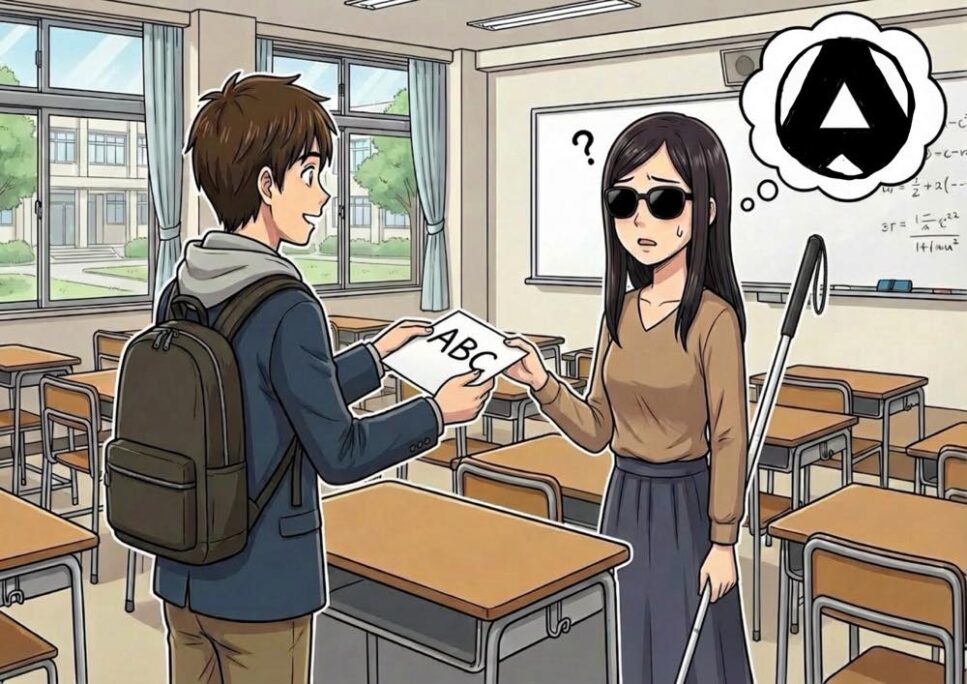男性大学生が、白杖を持ちサングラスをかけている女性に「ABC」と大きく書かれた紙を渡している。女性は穴から覗くような見え方のため、視野にAが全て入り切らず、なんと書いてあるかわからず困惑