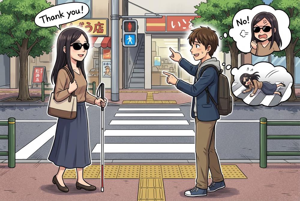 横断歩道前で、大学生風の男性が黒いメガネをかけ白杖を持った女性に、怒られるかも、転ばせるかもと心配しながら声をかける様子。女性は笑顔。