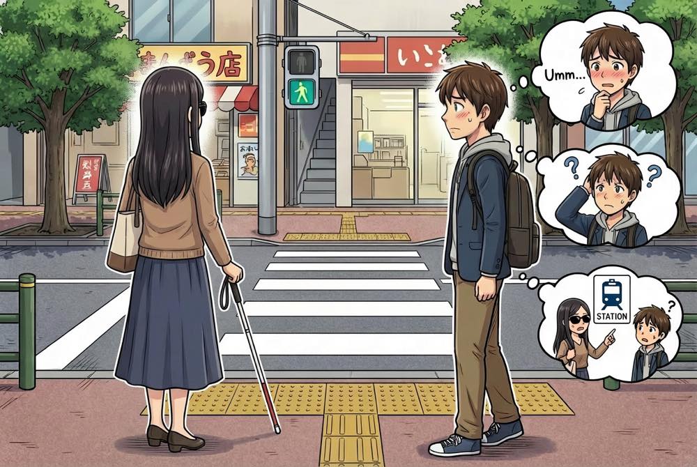 白杖を持つ女性が横断歩道前に立っている。それを見ている大工西風の男性は、どうしたらいいか、駅までの道を尋ねられたらどうしうようと困惑している。